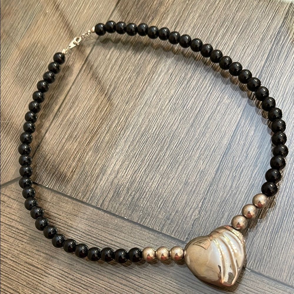 Vintage 1980’s Black and Silver Heart Beaded Necklace
